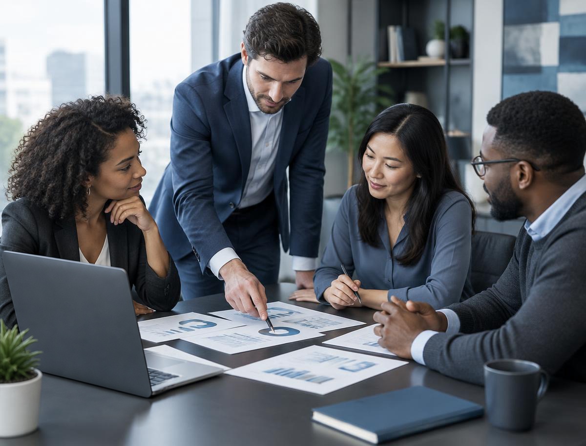 A finance team collaborating around a table over printed charts and a laptop dashboard