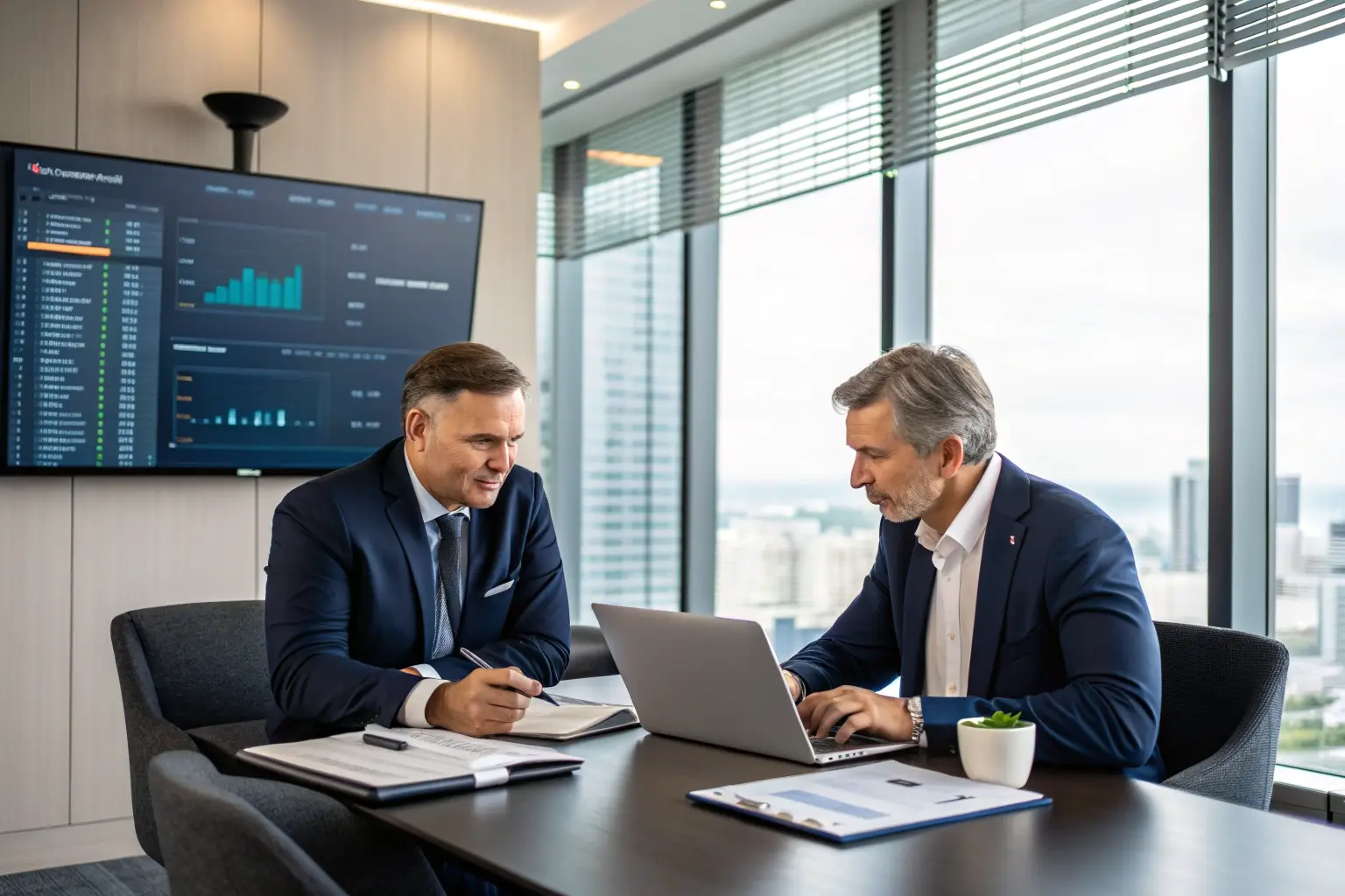 CEO and CFO reviewing strategic dashboards during quarterly planning.